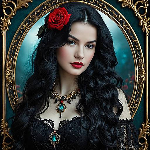 Gothic Woman with Black Wavy Hair and Red Rose