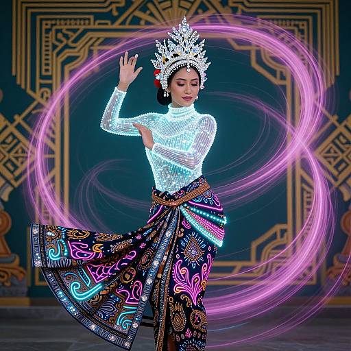 Digital artwork of an Asian woman in a glittering white top, ornate crown, and colorful, patterned skirt, spinning with a glowing pink light