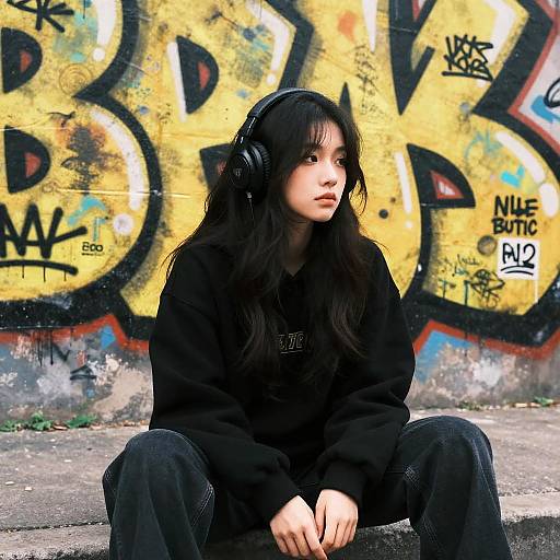 Pensive Woman with Headphones Urban