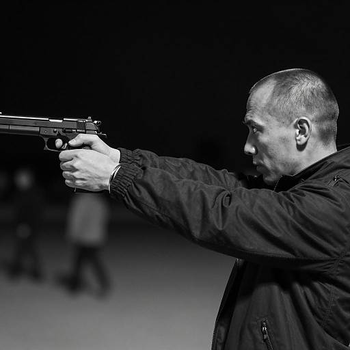 Intense Man Aiming in Black and White