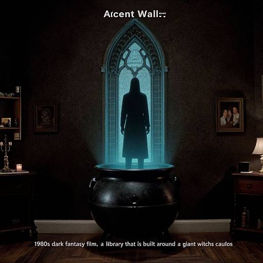 Photograph of a silhouetted figure standing in a glowing blue archway above a black cauldron, with dark room, framed pictures,