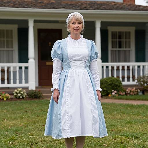 Photograph of an elderly woman in a light blue and white Victorian-style dress, standing on a grassy lawn in front of a white-painted,