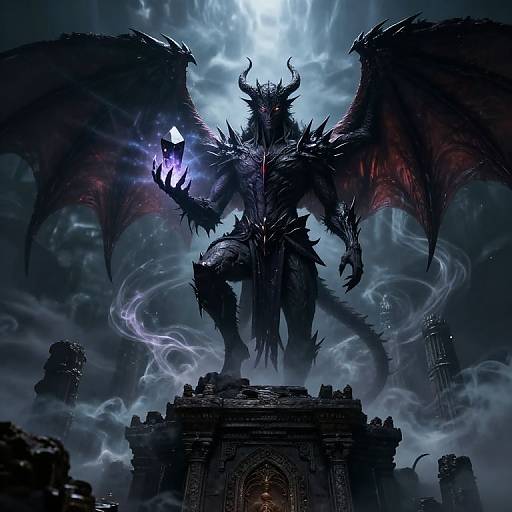 Digital art of a dark, towering demon with large wings, glowing purple energy, and sharp horns, standing on a ruined stone structure under a stormy