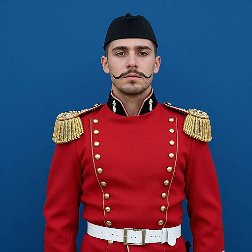 Photograph of a young man with a mustache, wearing a red military uniform with gold epaulettes, black cap, white belt, and