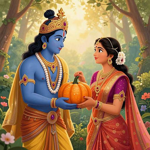 Lord Krishna Offering Pumpkin in Forest