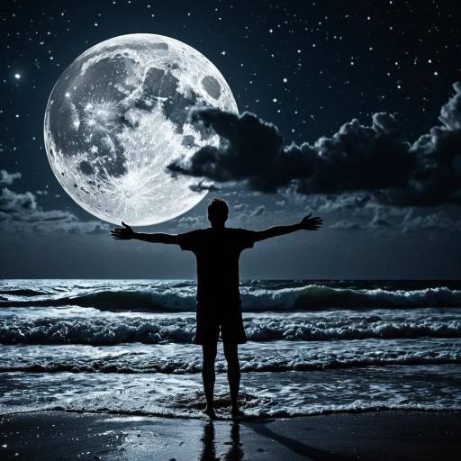 Silhouette of Man with Heart-Shaped Moon Over Stormy Beach Silhouette of Man with Heart-Shaped Moon Over Stormy Beach