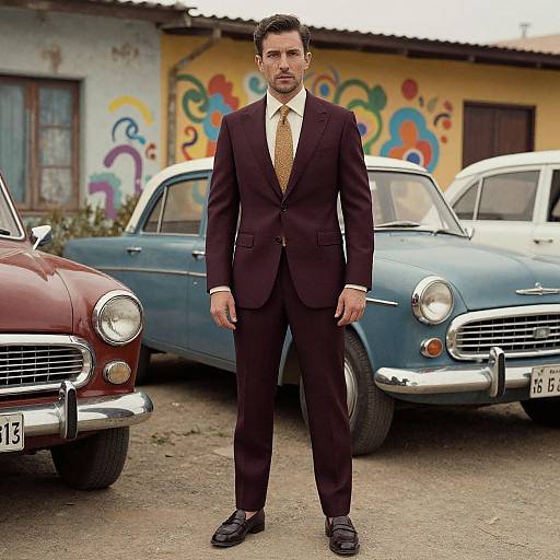 Photograph of a serious, dark-haired man in a dark brown suit and gold tie standing between two vintage cars, one red and one blue, in