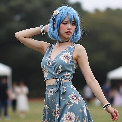 Photograph of a young Asian woman with blue bob hair, floral blue dress, black choker, bracelets, posing outdoors, blurred background.