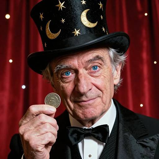 Photograph of an elderly man with blue eyes, wearing a black top hat adorned with gold stars and crescent moons, holding a coin, against a