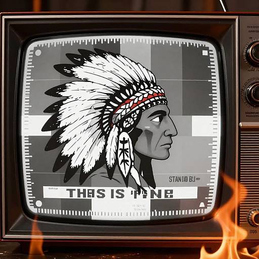 Vintage TV screen displaying monochrome sketch of Native American with white feathered headdress, 
