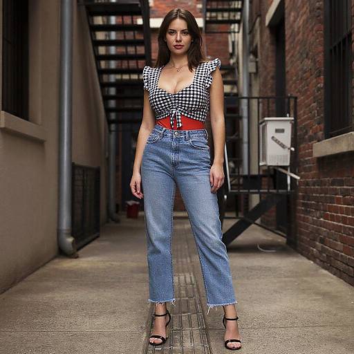 Stylish Woman in Gingham Streetwear