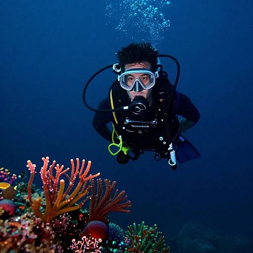 Photograph of a scuba diver in black gear with a white mask and oxygen tank, exploring a vibrant underwater coral reef with red, orange, and