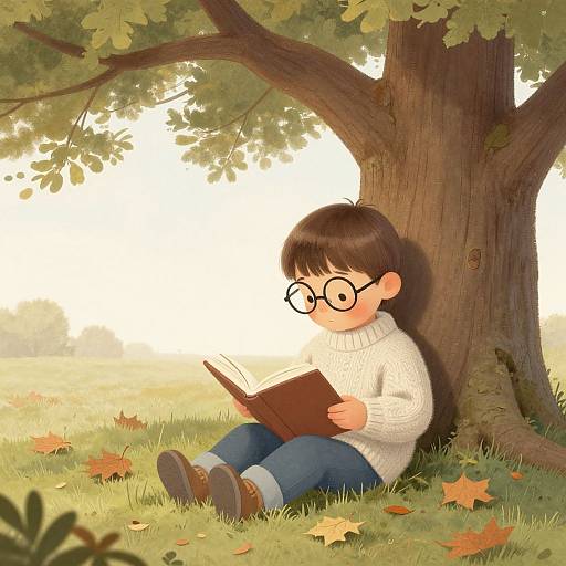 Digital illustration of a young boy with glasses, brown hair, and white sweater, reading a book under a large tree in a sunlit, autumnal
