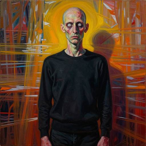 Digital painting of a bald, pale-skinned man with dark eyes, wearing a black shirt, against a vibrant, abstract, yellow-orange background.
