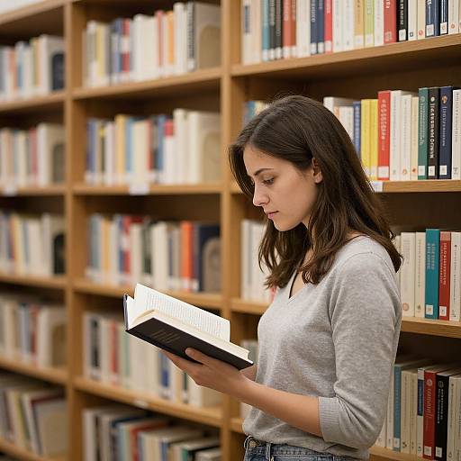 Photograph of a young woman with long brown hair, wearing a gray sweater, reading a book in a library with wooden bookshelves filled with colorful