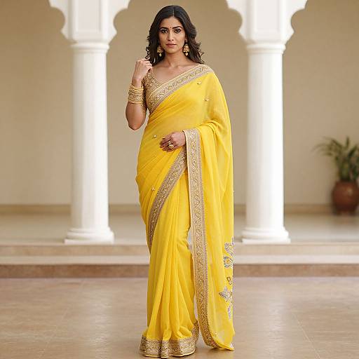 Photograph of an Indian woman with medium brown skin and dark wavy hair, wearing a bright yellow saree with gold borders, standing in a sun