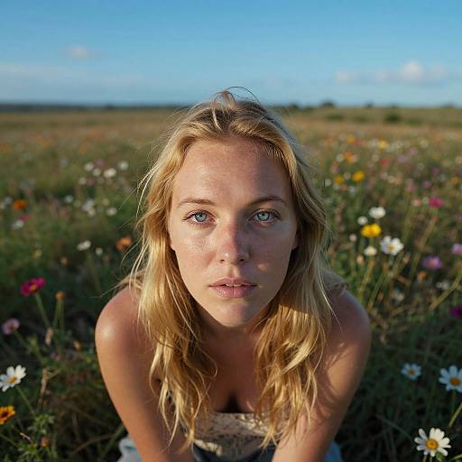 Photograph of a blonde woman with blue eyes, fair skin, and wavy hair, kneeling in a sunlit meadow filled with colorful wildflowers