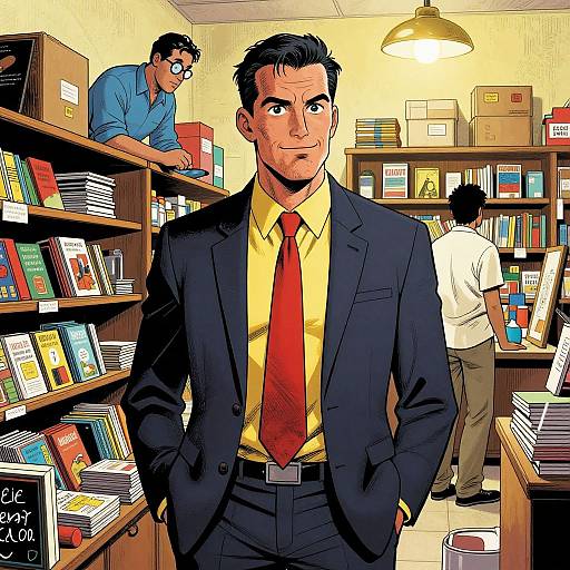 Comic-style drawing of a handsome man in a navy suit, yellow shirt, red tie, standing confidently in a busy library.