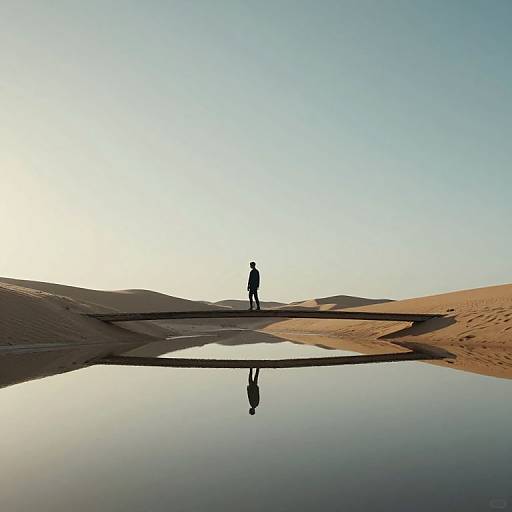 Silhouetted figure standing on sandy dunes with a reflective puddle beneath, under a clear, bright sky in a minimalist photograph.