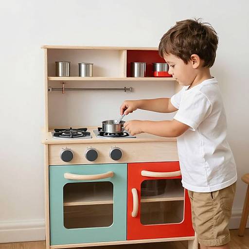 Boy Playing with Vibrant Wooden Kitchen
