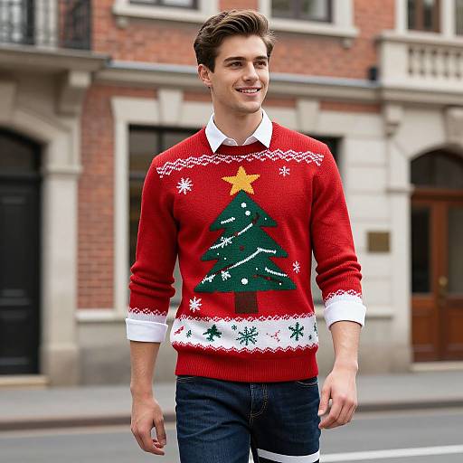 Photograph of a smiling young man with short brown hair, wearing a red Christmas sweater with a green tree, yellow star, and white snowflakes