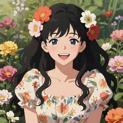 Anime-style digital drawing of a smiling girl with long black hair, blue eyes, white floral dress, and colorful flower hairpins, surrounded by vibrant flowers