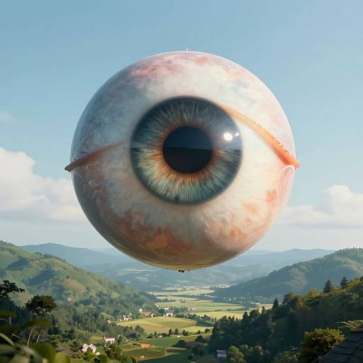 Photorealistic CGI of a giant, detailed, eye floating above a lush, green valley with rolling hills and a clear blue sky.