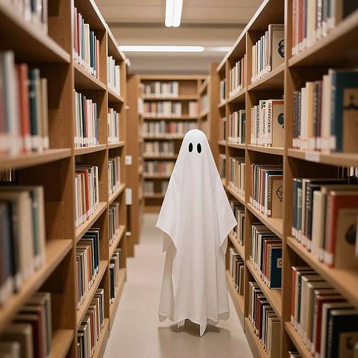Photograph of a white, ghost-like figure with black eyes walking down a library aisle, surrounded by wooden bookshelves filled with books.