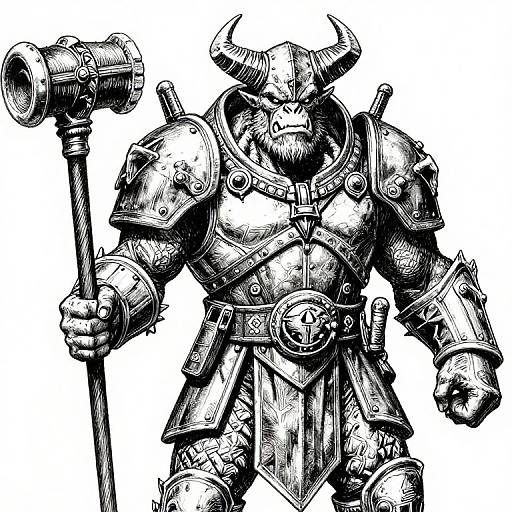Black-and-white ink drawing of a muscular, horned armored warrior holding a large hammer, with intricate details and textured armor.
