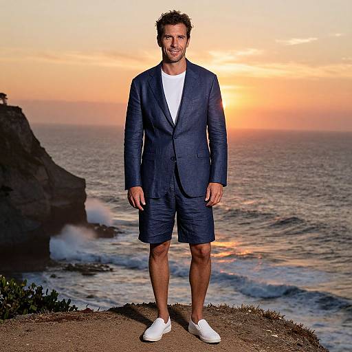 Photograph of a smiling man in a navy blazer, white shirt, and shorts, standing on a cliff at sunset with ocean waves in the background