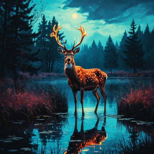 Ethereal Deer with Glowing Antlers at Night Pond