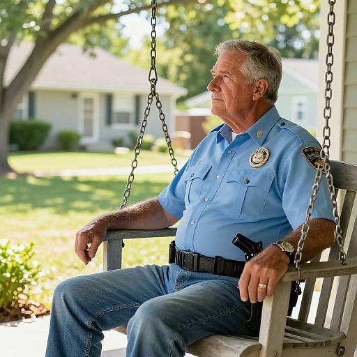 Photograph of an older white male police officer with gray hair, in a blue uniform, sitting on a wooden swing with chains, in a sunny suburban