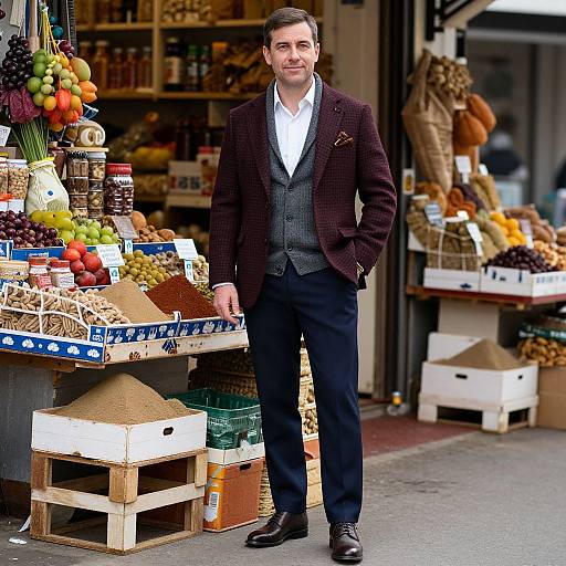 Photograph of a handsome man with short dark hair in a dark checkered blazer, white shirt, and black trousers, standing in front of a