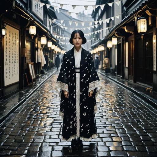 Woman in Vintage Kimono on Rainy Cobblestone Street