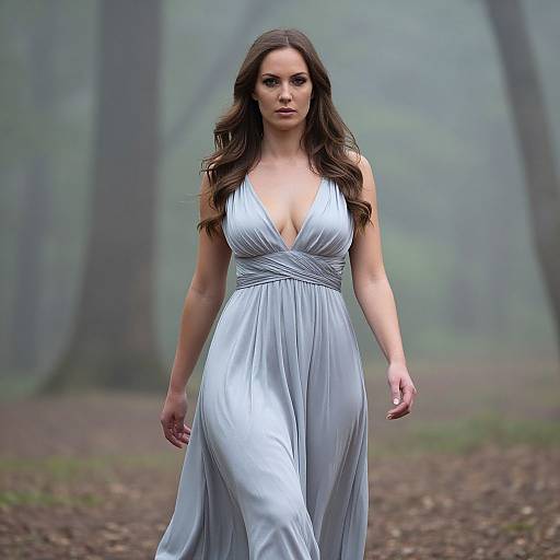 Photograph of a brunette woman with long hair in a deep V-neck, silver satin gown, walking through a misty forest.
