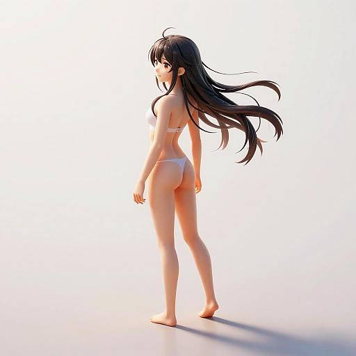 Digital anime-style illustration of a slender, long-haired girl in white bikini, standing barefoot, viewed from the back, against a bright white background.