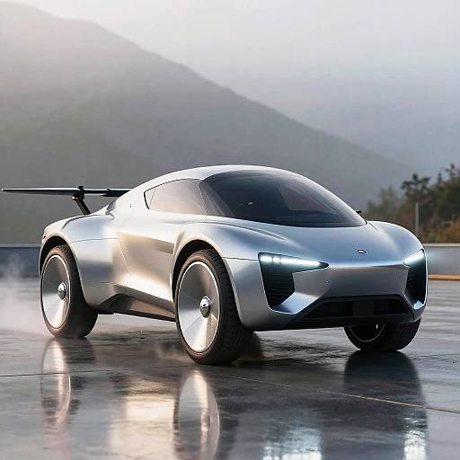 Photograph of a sleek, silver, futuristic electric car with glowing headlights, driving on a glossy, wet surface with misty mountains in the background.