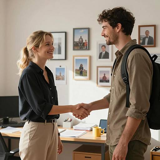 Sunlit Room Handshake Between Colleagues
