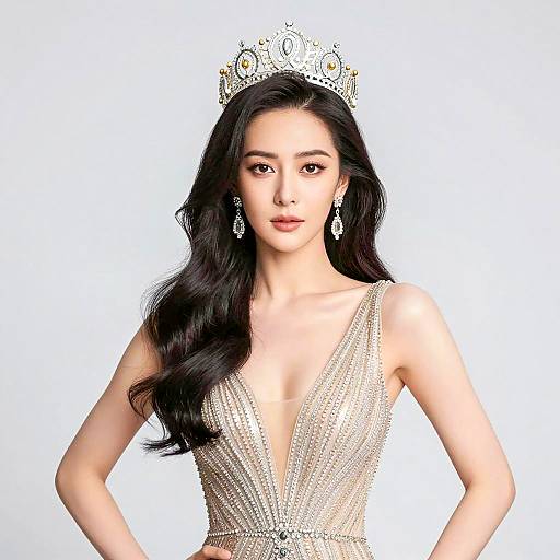 Asian Beauty Queen in Beaded Gown and Silver Crown