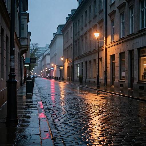 Photograph of a wet, cobblestone street at dusk, illuminated by warm street lamps, reflecting red and orange lights, flanked by historic,