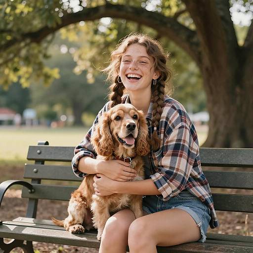 Happy Young Woman Hugging Cocker Spaniel on Park Bench