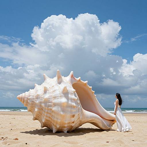 Photograph of a woman in a white dress standing beside a massive, light brown seashell on a sunny beach with blue sky and fluffy clouds.