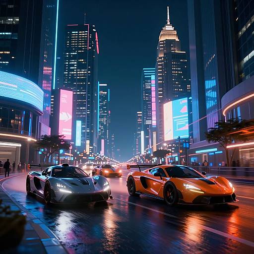 Neon-lit city night scene with two sleek sports cars, one silver and one orange, speeding down a wet street flanked by brightly illuminated skys