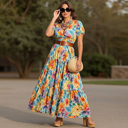 Photograph of a woman in a vibrant floral dress, brown belt, straw handbag, and sandals, standing outdoors, adjusting sunglasses.