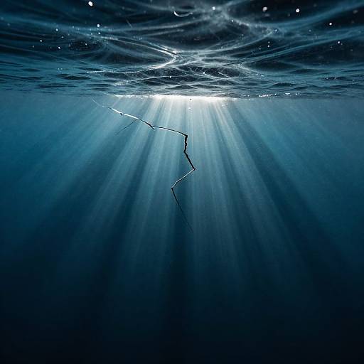 Photograph of underwater scene with light rays penetrating dark blue water, illuminating a jagged crack in the surface.