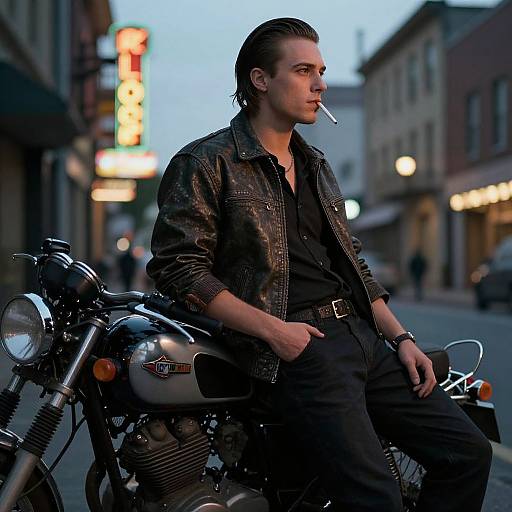 Photograph of a handsome, fair-skinned man with slicked-back brown hair, wearing a black leather jacket and dark shirt, sitting on a vintage