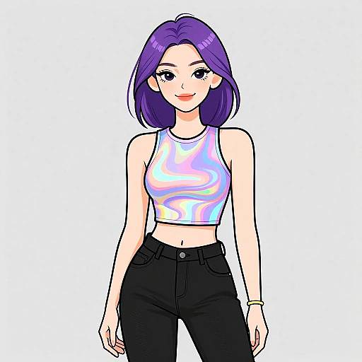 Digital anime-style drawing of a smiling woman with purple hair, wearing a shiny white crop top and black high-waisted pants.