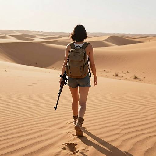 Photograph of a woman with brown backpack and rifle, wearing shorts and boots, walking through sunlit, rippled desert sand dunes.