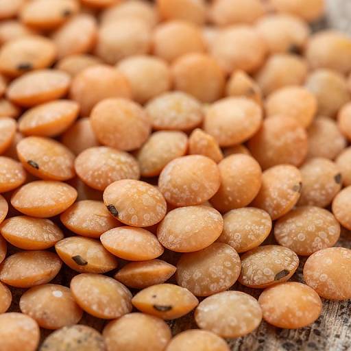 Close-up photograph of orange, oval-shaped split peas with water droplets, slightly browned edges, and scattered on a rustic wooden surface.