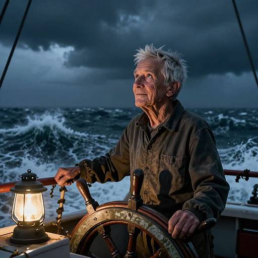 Photograph of an elderly man with white, spiky hair, wearing a dark shirt, steering a ship at night, under stormy skies, with